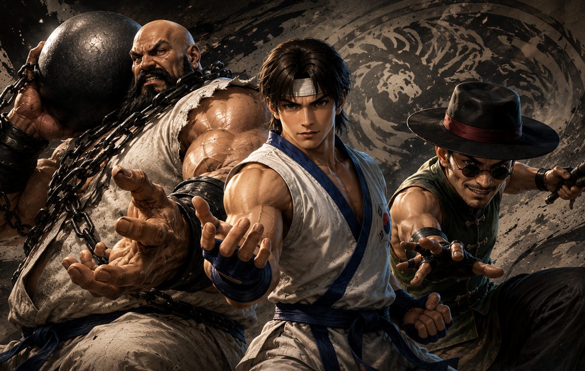 Equipe de lutadores em arte estilo KOF
